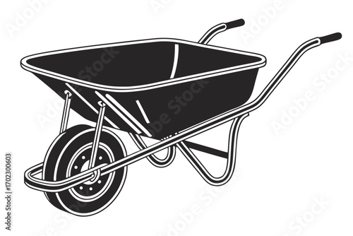 Black and white illustration of a garden wheelbarrow