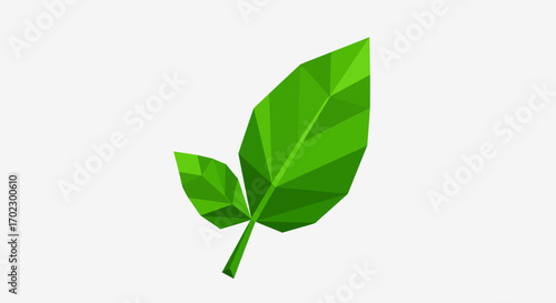 A modern, geometric illustration of a green plant sprig with two leaves, created in a low-poly, faceted style against a plain background.