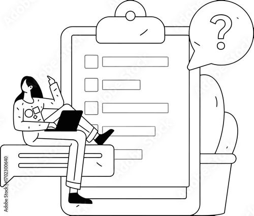 Curious person seeking answers on a digital checklist, brainstorming ideas with laptop and question mark bubble, modern concept for learning and problem solving