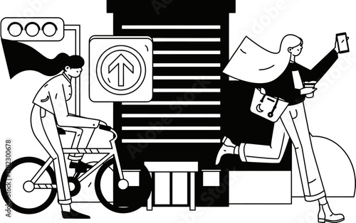 Dynamic urban scene captures busy cyclist and energetic pedestrian navigating city streets with traffic signals and directional signs creating a modern, fast-paced atmosphere