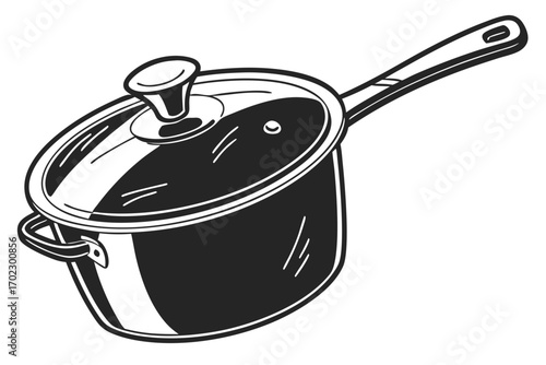 Black and white illustration of a saucepan with a glass lid