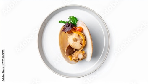 Fresh Clam with Garnish on White Plate Top View