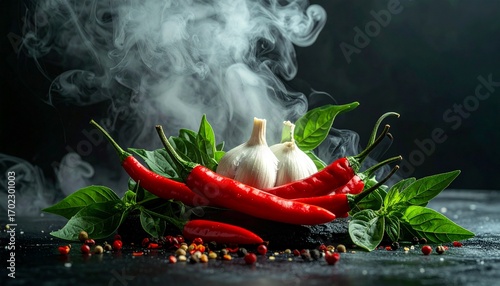 Fresh Red Chili Peppers with Garlic, Herbs, and Smoke on Dark Background
