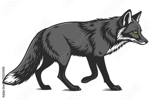 Stylized illustration of a dark gray fox with yellow eyes walking