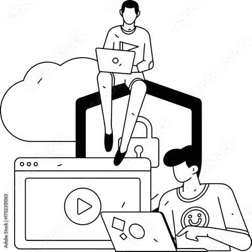 Dynamic duo collaborates on digital projects, leveraging cloud security and online content creation tools for modern business success and innovative workflow.