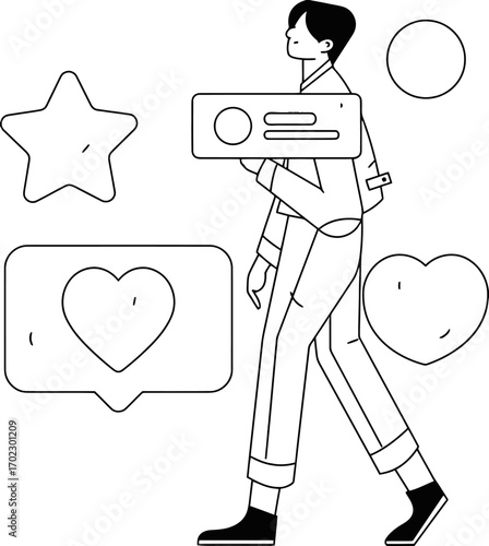 Dynamic individual navigates social media engagement with likes stars and message notifications, symbolizing digital connection and online interaction.