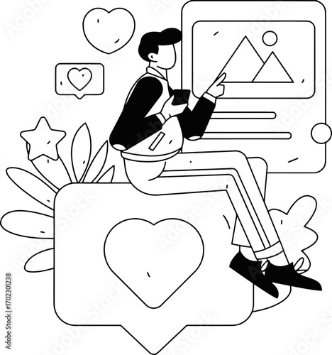 Engaged young person enthusiastically curating digital content on a screen, surrounded by positive social media notifications and vibrant elements, symbolizing online success and engagement.