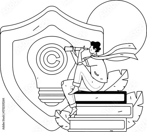 Visionary entrepreneur discovers protected intellectual property with telescope while seated on books near shield symbolizing security and innovation