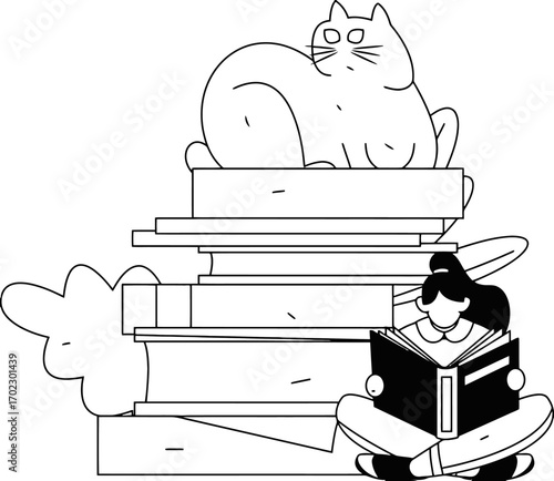 Whimsical illustration of a relaxed cat perched atop a tall stack of books while a young person reads below, perfect for creative projects.