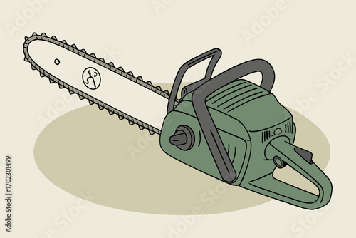 Green chainsaw illustrated on a neutral background with an oval shadow