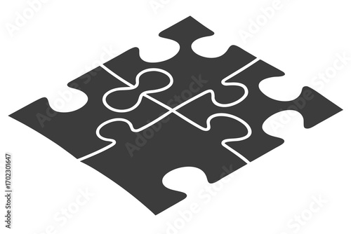 Four dark gray puzzle pieces connected together on a white background