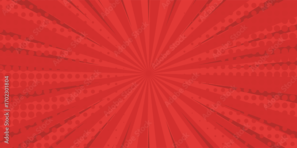 Obraz premium Red comic sunburst effect background with halftone. pop art comic-style vector background. Suitable for templates, sale banners, events, ads, web and pages