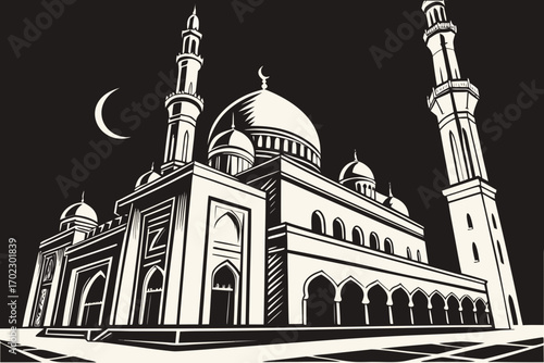 Stylized mosque with crescent moon and stars at night