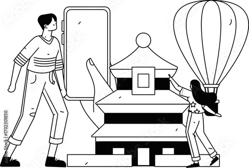 Dynamic duo exploring vibrant Asian culture and travel possibilities with a futuristic smartphone interface, inspiring adventure and connection