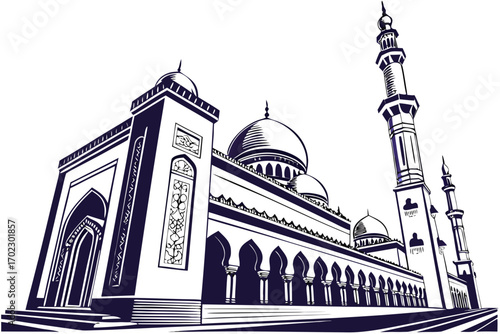 Stylized illustration of a grand mosque with domes and minarets