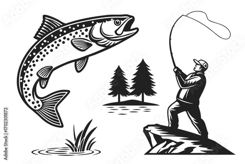 Fisherman catches jumping trout in a forest lake scene