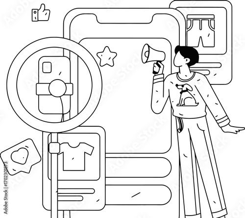 Dynamic influencer promoting fashion products with a megaphone near a giant smartphone screen showcasing apparel items and social media engagement icons