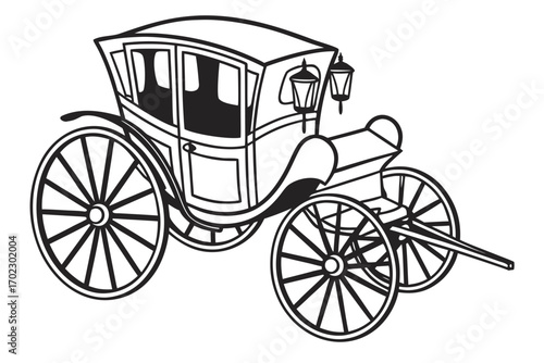 Elegant horse drawn carriage with lamps and large wheels
