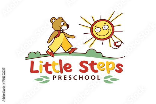 Cute cartoon bear walking with a smiling sun for a preschool logo