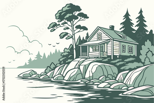 Secluded cabin on a rocky shore overlooking the water with trees and clouds