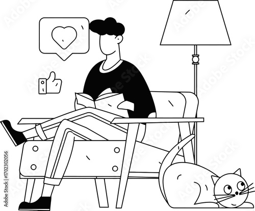 Young person comfortably reading a book on a chair with a cat nearby and a social media like notification appearing, evoking a sense of cozy relaxation and digital engagement.
