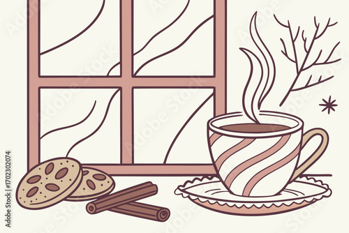 Cozy winter scene with hot chocolate and cookies by the window