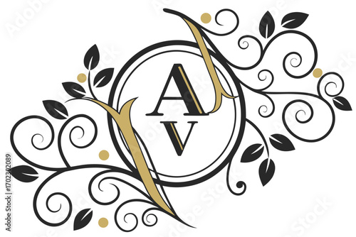 Elegant av monogram with floral flourishes and gold accents