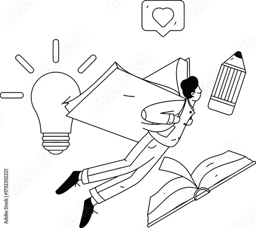 Dynamic entrepreneur soaring with knowledge and innovation, embracing bright ideas and creative inspiration for business success and personal growth