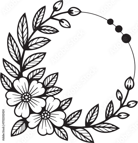 Black and white floral wreath with leaves and buds