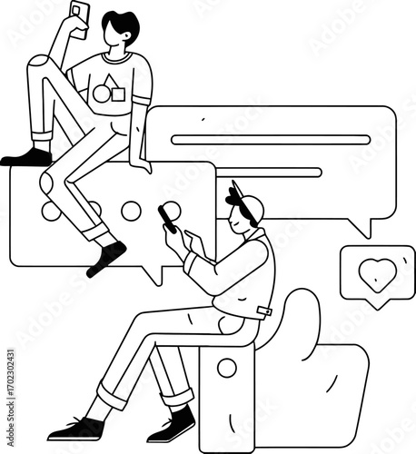 Modern communication and social media engagement with people sharing messages and likes, fostering online connection and community interaction dynamically