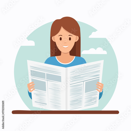 A flat vector illustration of a cheerful young woman reading the daily newspaper