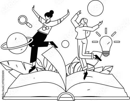 Dynamic innovators leaping from open book towards bright ideas and cosmic discovery, embracing knowledge and inspiration with open arms, a celebration of learning and creativity.