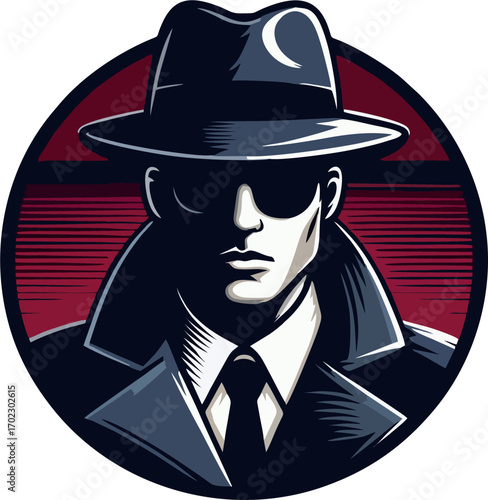 Retro Noir Detective Mascot with Fedora and High-Collar Coat on Red Background
