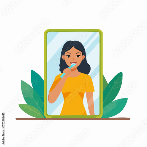 Woman Brushing Her Teeth in the Mirror A Colorful Illustration for Oral Hygiene