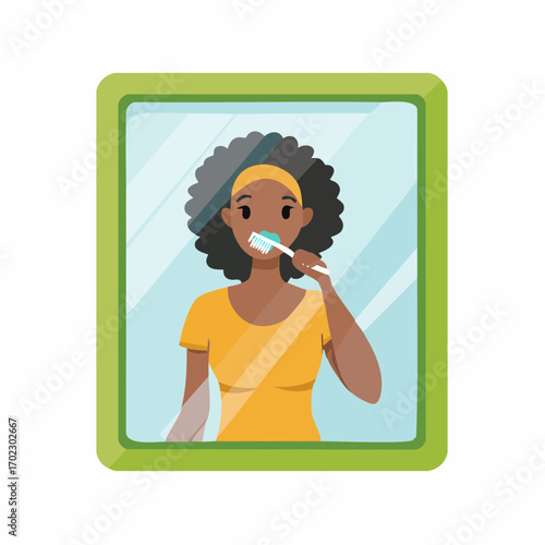 African American woman brushing her teeth while looking at her reflection in a mirror illustration