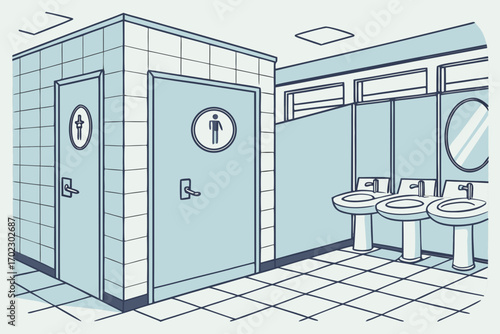 Public restroom interior with stalls and sinks in a clean illustration style