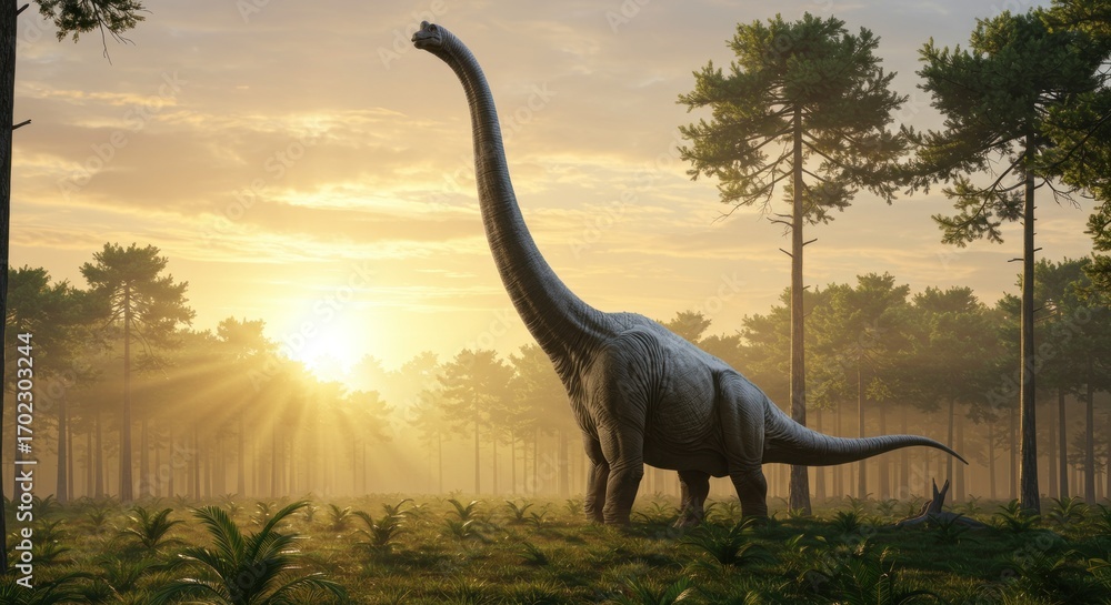 Obraz premium A Brachiosaurus stands tall in a misty prehistoric forest at sunrise