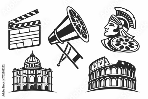 Collection of iconic symbols representing cinema history and ancient rome