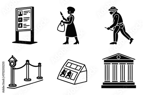 Collection of museum and exhibition icons in black and white