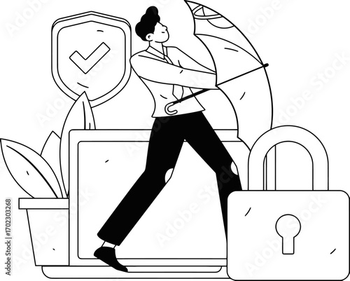 Confident professional shields digital data with umbrella against cyber threats, symbolizing robust online security and protection for businesses and individuals navigating the digital landscape.