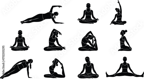 Yoga pose silhouettes of meditating and stretching figures, black vector icons for wellness, fitness, mindfulness, exercise, and body balance design