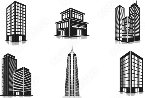 Modern building silhouettes in various architectural styles, high-rise office towers and urban structures for cityscape, construction, real estate, and design use