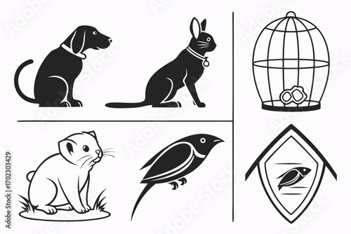 Collection of silhouettes and line art of domestic animals and pets