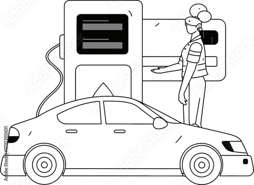 Confident customer pays for electric car charging at modern station with contactless card, embracing sustainable transport future