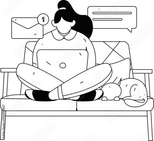 Focused individual working on laptop comfortably at home with pets nearby, symbolizing modern remote work and digital communication through notifications and chat bubbles