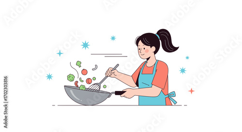 Illustration of a woman cooking vegetables in a wok, healthy eating concept