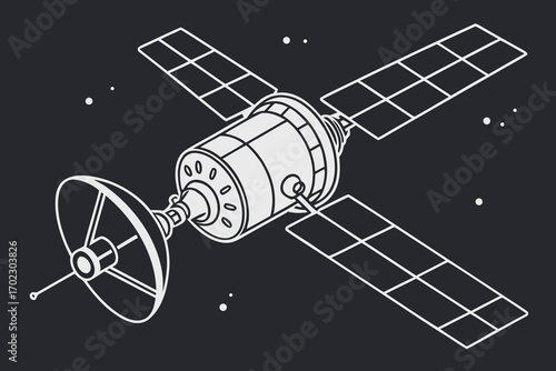 Stylized illustration of a satellite in outer space with solar panels and a dish antenna
