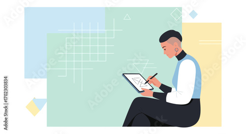 Illustration of a woman creating digital art using a tablet and stylus with geometric shapes