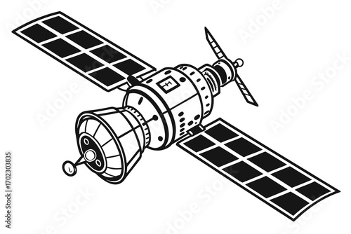 Black and white illustration of a satellite with solar panels