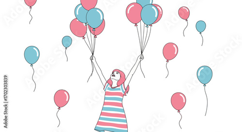 Joyful Woman Reaching For Sky With Balloons, Celebrating a Happy Moment